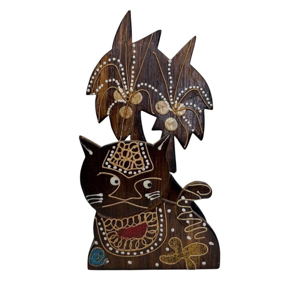 Hand Carved Wooden Cat Napkin Holder Folk Art Style Painted